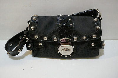#ad Vintage Guess Black Cloth w Black Trim Saddle Bag Handbag Purse