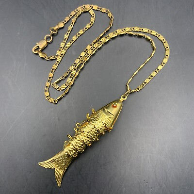 #ad Articulated Fish Pendant Necklace Gold Tone Red Eye Vintage