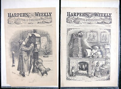 #ad 1871 1879 Thomas Nast Christmas Two Harper#x27;s Weekly Cover Page Rare Antique