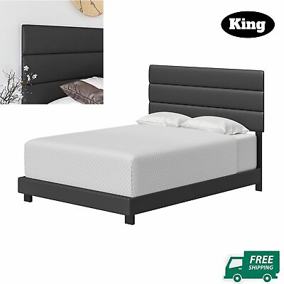 #ad Platform Upholstered Gray Bed Frame Headboard Faux Leather King Queen Full Twin