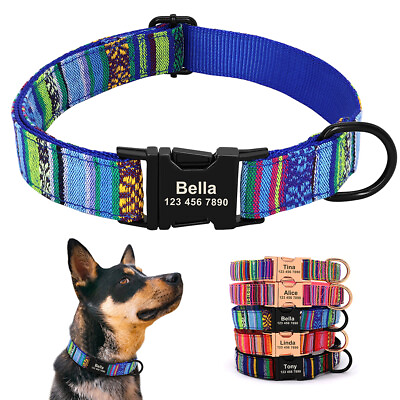 #ad Personalized Dog Collar Striped Pattern Ethnic Style Name Engraved Metal Buckle