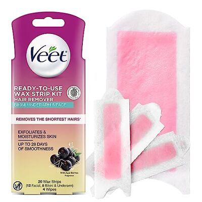 #ad VEET Wax Strips Hair Removal Kit for Face Underarms Bikini Dermatologicall...