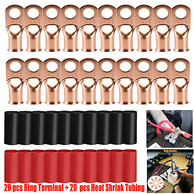 #ad 40 pcs 1 0 AWG Gauge Copper Lugs w RED amp; BLACK Heat Shrink Ring Terminals Set