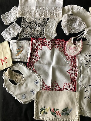 #ad Job Lot 15 Antique French Baby Bibs Baby Bonnet Lace Fripperies Trims c1900s