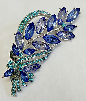 #ad Blue Purple Flower Leaf Bird Feather Crystal Clear Glass Rhinestone Brooch Pin
