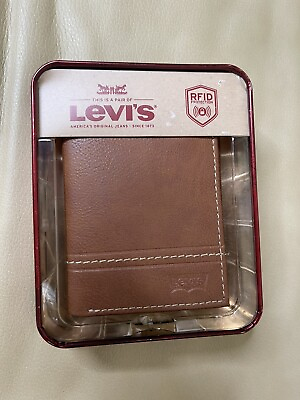 #ad Levi#x27;s Men#x27;s Tan Leather RFID Protection Wallet NWT and Box