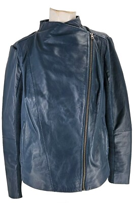#ad 4449 Nordstrom Jacket Women#x27;s Teal Blue Leather Full Zip Moto Biker Large