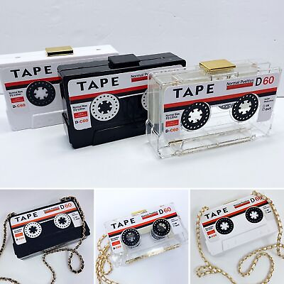 #ad Acrylic Hard Shell Tape Music Cassette Retro Handbag Purse White Clear or Black