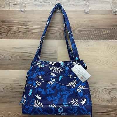 #ad Navy Blue Medium Tote With Dragonfly And Floral Pattern NWT