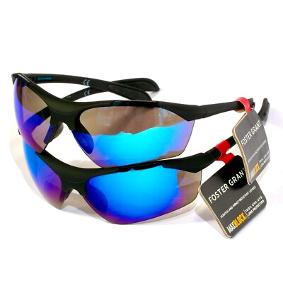 #ad 2 Pair Foster Grant Scrimmage Maxblock Blue Mirrored Sport Wrap Sunglasses New