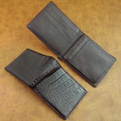 #ad Brown Leather Men Wallet Alligator Exotic Skin Bifold Safe Premium Handmade Gift