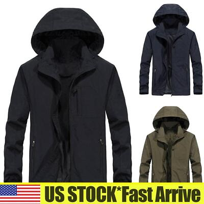 #ad Mens Hiking Rain Coat Waterproof Windproof Jacket Hooded Outdoor Outwear US