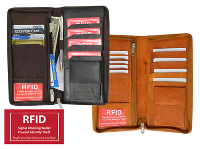 #ad RFID Signal Blocking Leather Travel Organizer Passport Boarding Pass Zip Around