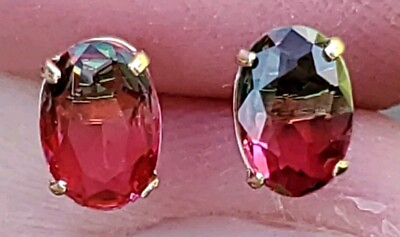 #ad Watermelon Tourmaline Labcreated Oval Cut Stud Earrings 14kt Solid Yellow Gold $225.00
