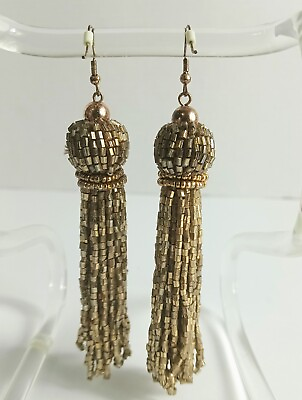 #ad Long Gold Beaded Tassel Earrings