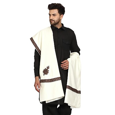 #ad White Hand Embroidered Men#x27;s Shawl Woollen Lohi Scarf Indian Scarves 50quot; X 100quot;