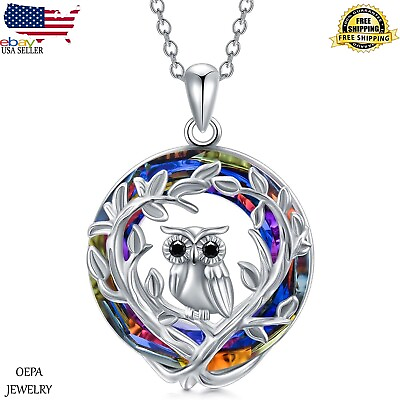 #ad Owl Necklace 925 Sterling Silver Owl Tree of Life Necklace Crystal Jewelry Gift