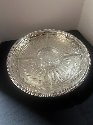 #ad Vintage WM Rogers Reticulated Silverplate Pedestal Lazy Susan 15quot; w Glass Insert