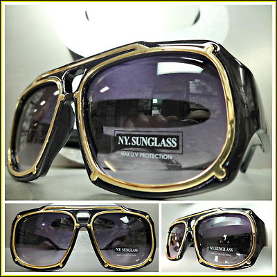 #ad Men#x27;s CLASSIC Hardcore Vintage Retro Style SUN GLASSES Large Black amp; Gold Frame