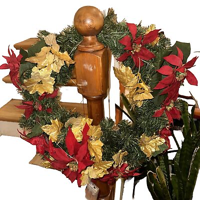#ad Poinsettia Flower with Ornaments Artificial Christmas Wreath Red Gold