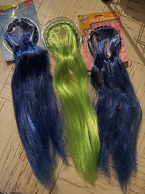 #ad Lot Of 3 HALLOWEEN HAIR EXTENSIONS BLUE AND GREEN HAIR 2 NIP 1 OB