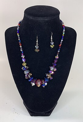 #ad Black Aurora Borealis Necklace Intricate Mixed Size Beads Matching Earrings