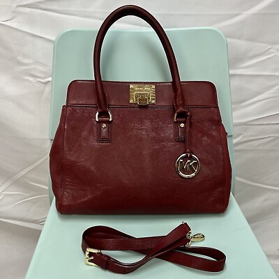 #ad Michael Kors Burgundy Brick Red Leather Astrid Tote Bag Convertible Crossbody
