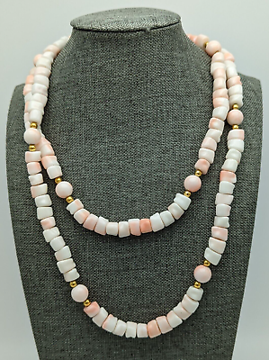#ad Vintage Gold Tone Blush Pink White Irregular Round Plastic Beaded Necklace