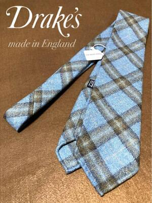 #ad Drakes Unisex Wool Cashmere Check Blue Tie Necktie Handmade England Luxury