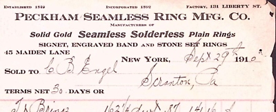 #ad 1910 NEW YORK PECKHAM SEAMLESS RING MFG CO GOLD RINGS BILLHEAD INVOICE Z184