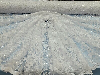 #ad Fabric Sold By The Yard Scalloped White Bridal Lace Embroidery Floral Clear Sequ