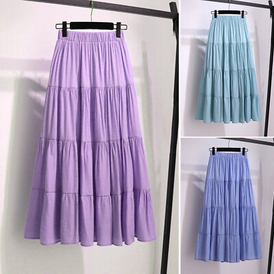 #ad Womens Casual Waist Elastic Ruffles Summer Beach Long Pleated Skirts Maxi Dress
