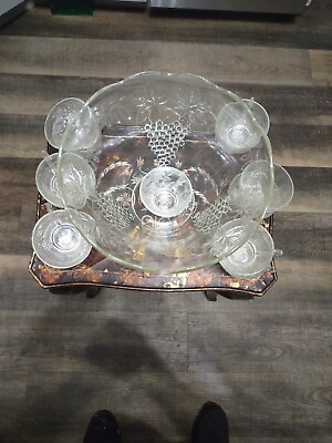 #ad Vintage Clear Glass Punch Bowl Set Grapes and 13 cups Set
