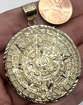#ad GOLd Aztec 14K pendant SOLID calendar azteca necklace mexico oro BIG HEAVY