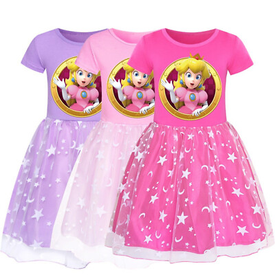 #ad Super Mario Princess Peach Kids Girls Birthday Party Princess Dresses Skirt Gift
