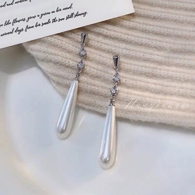 #ad 925 Silver Pearl Tassel Long drop Dangle Earrings