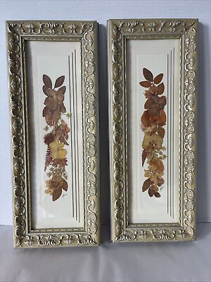 #ad Vintage Pressed Flowers Gold Gilt Ornate Frames Signed Joan 18x7” Set Of 2