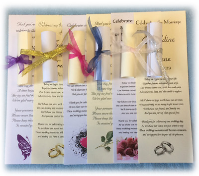 #ad 100 Personalised Wedding Favour Scrolls with Organza Ribbon 5 poems amp; 5 styles