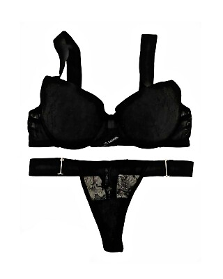 #ad ID Sarrieri Womens Push up Padded Bra UK 36 C Laced Thong Panty M Black $419.00