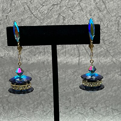#ad Vintage Earrings Clip On Dangle Drop Blue Gold Rhinestone Carousel 2 Inch