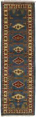 #ad Handmade Blue Geometric Kazak 3X9 Oriental Runner Rug Hallway Kitchen Carpet