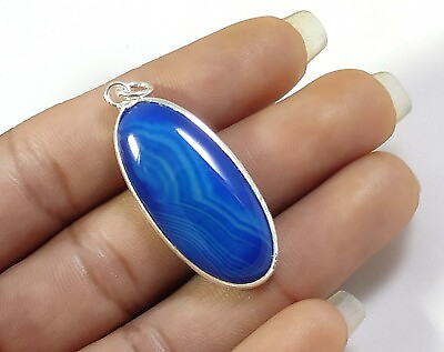 #ad Blue Banded Agate Gemstone Handmade Fashion Jewelry Silver Pendant P 625