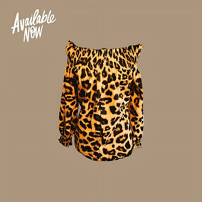 #ad Animal Leopard Black Yellow Print Open Shoulder Long Sleeve Halter Top Large