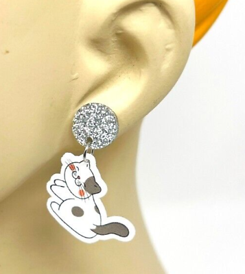 #ad Acrylic Silver Cat Glitter Dangle Drop Earrings