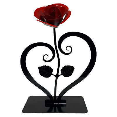 #ad Red Metal Rose With Heart Shaped Stand Iron Anniversary Gift Metal Rose Sculptur