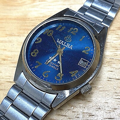 #ad Vintage Walba Crystal Mens 25 Jewels Silver Blue Hand Wind Mechanical Watch Date