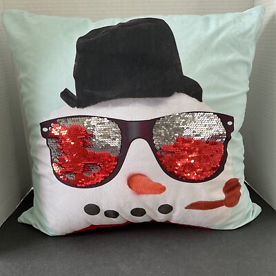 #ad Decorative Snowman Throw Pillow W Sequence Sunglasses 18x18”