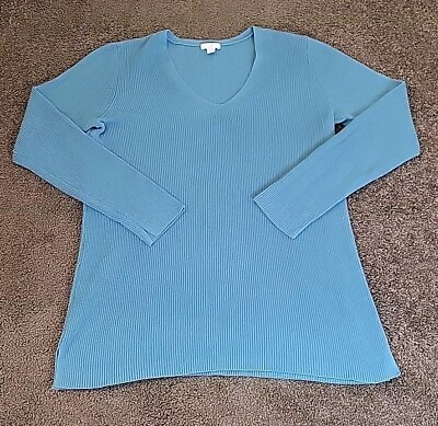 #ad J Jill Blue Ribbed Knit Stretch Long Sleeve V Neck Sweater Womens Small Tall