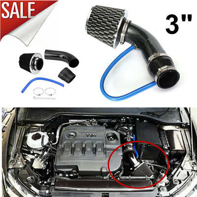 #ad 3quot; Carbon Fibre Car Cold Air Intake Filter Induction Pipe Power Flow Hose System