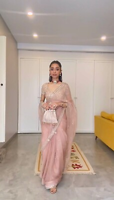 #ad Sequins Embroidery Work Organza Silk Sari Light Pink Saree Blouse Indian Dress